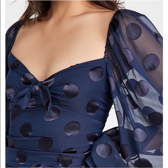 For Love and Lemons Navy Blue Polka Dot Chiffon Ruched Lula Mini Dress - Picture 16 of 16
